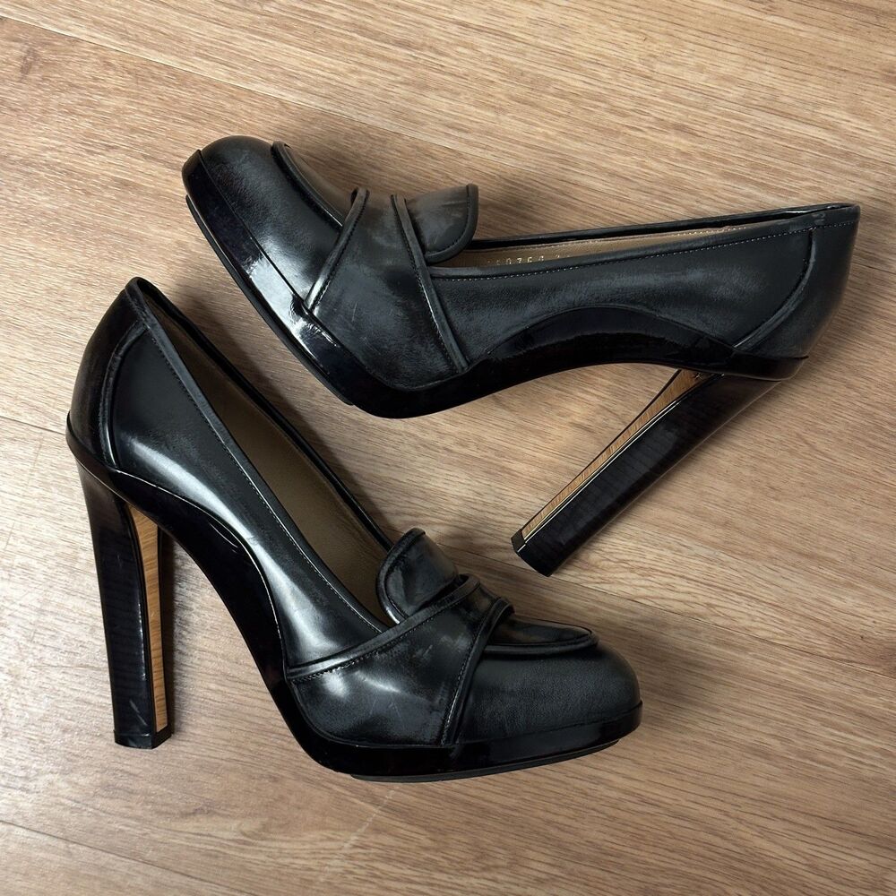 Oxford Loafer Pump Salvatore Ferragamo Black Leather High Heel | Sz  8 fits 7.5